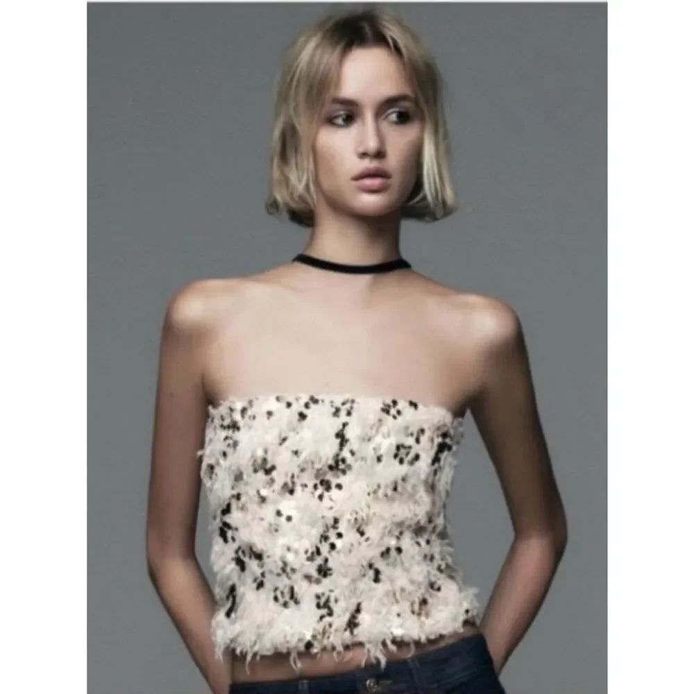 NWT Zara Sequin Faux Feather Tube Top Cream Size XS